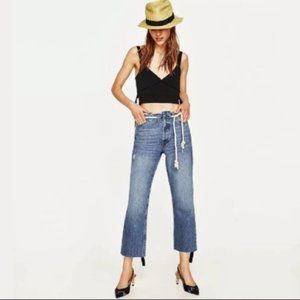 Zara Denim Jeans Rope Belt Eyelet Raw Hem Cropped